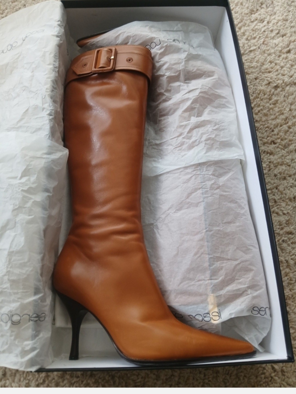 Sergio Rossi Tall Pointed-Toe Leather Boot - Tan